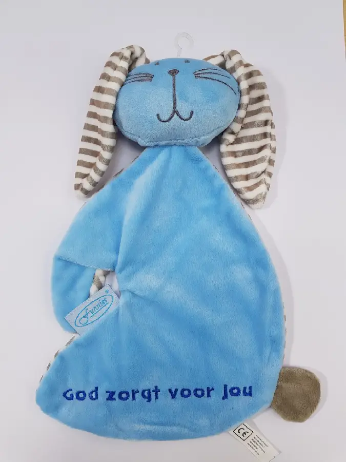Konijn tutdoek God zorgt blauw