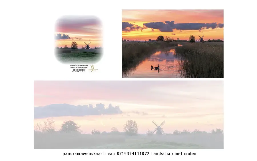 Panoramawenskaart zt landschap met molen