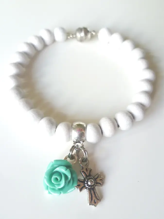 Armband hout roos/kruis turqoi