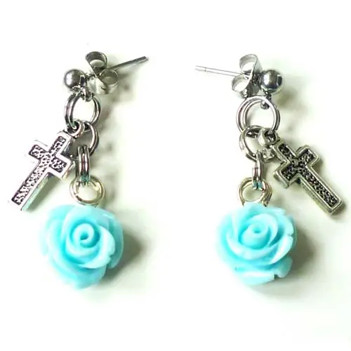 Rvs oorbel roos/kruis l-blauw